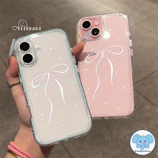 เคสไอโฟน15 สำหรับ IPhone 16 17 air 13 11 15 14 12 Pro Max 16 15 14 Plus เคสกันกระแทก2in1สีชมพูโรแมนติกพร้อมโบว์ริบบิ้น