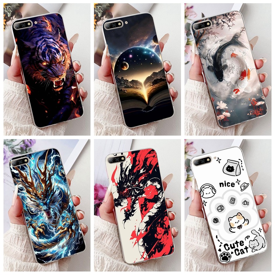ปลอกใหม่สําหรับ Huawei Y7 Pro 2018 กรณี LDN-LX1 ฝาครอบหรูหรามังกรการ์ตูนซิลิโคนนุ่มปกหลังสําหรับ Huawei Y7Pro 2018 กันชน