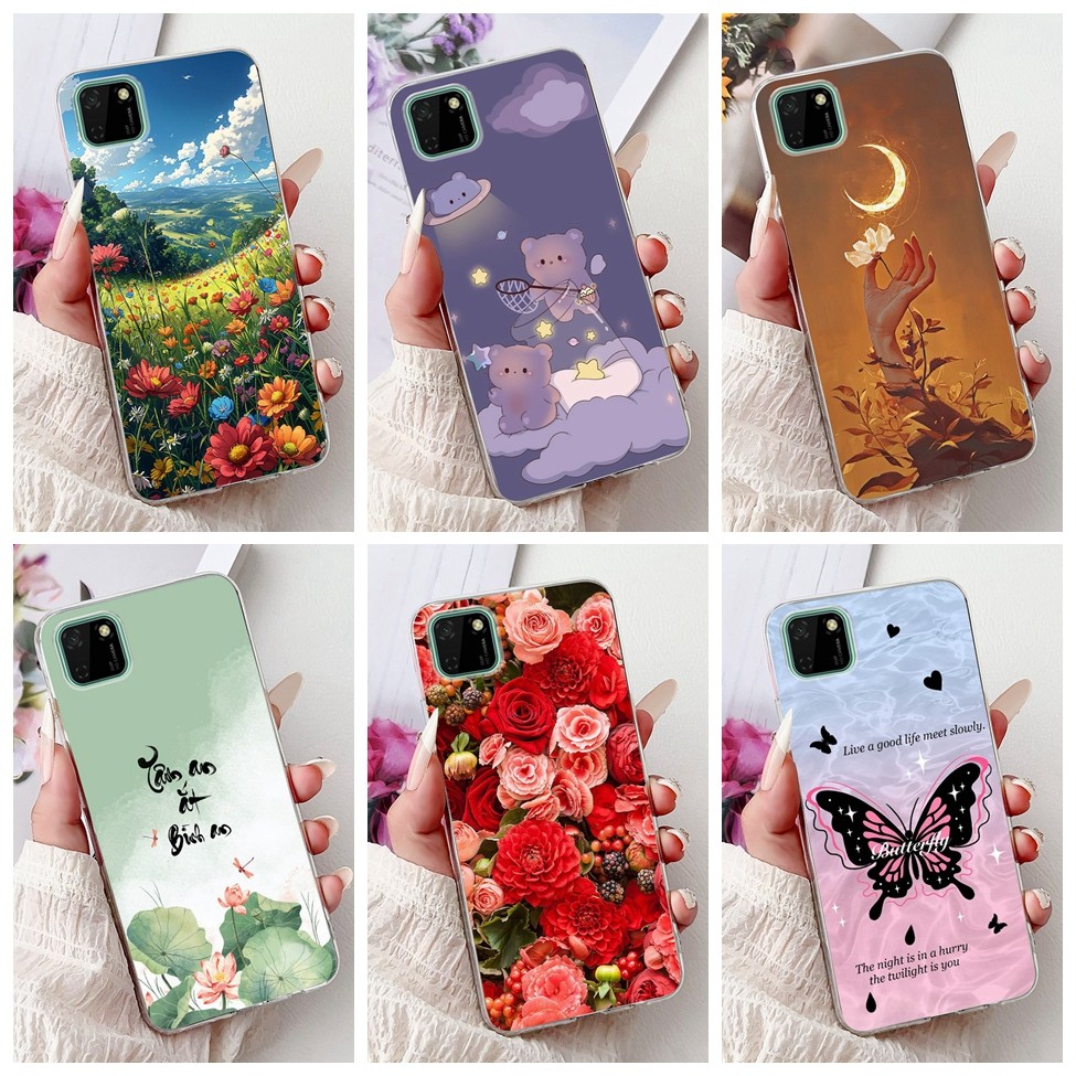 Huawei Y5p กรณี DRA-LX9 Clear ความงามแมวน่ารักแฟชั่นดอกไม้ทาสีปกหลัง Y5p Huawei เคสโทรศัพท์