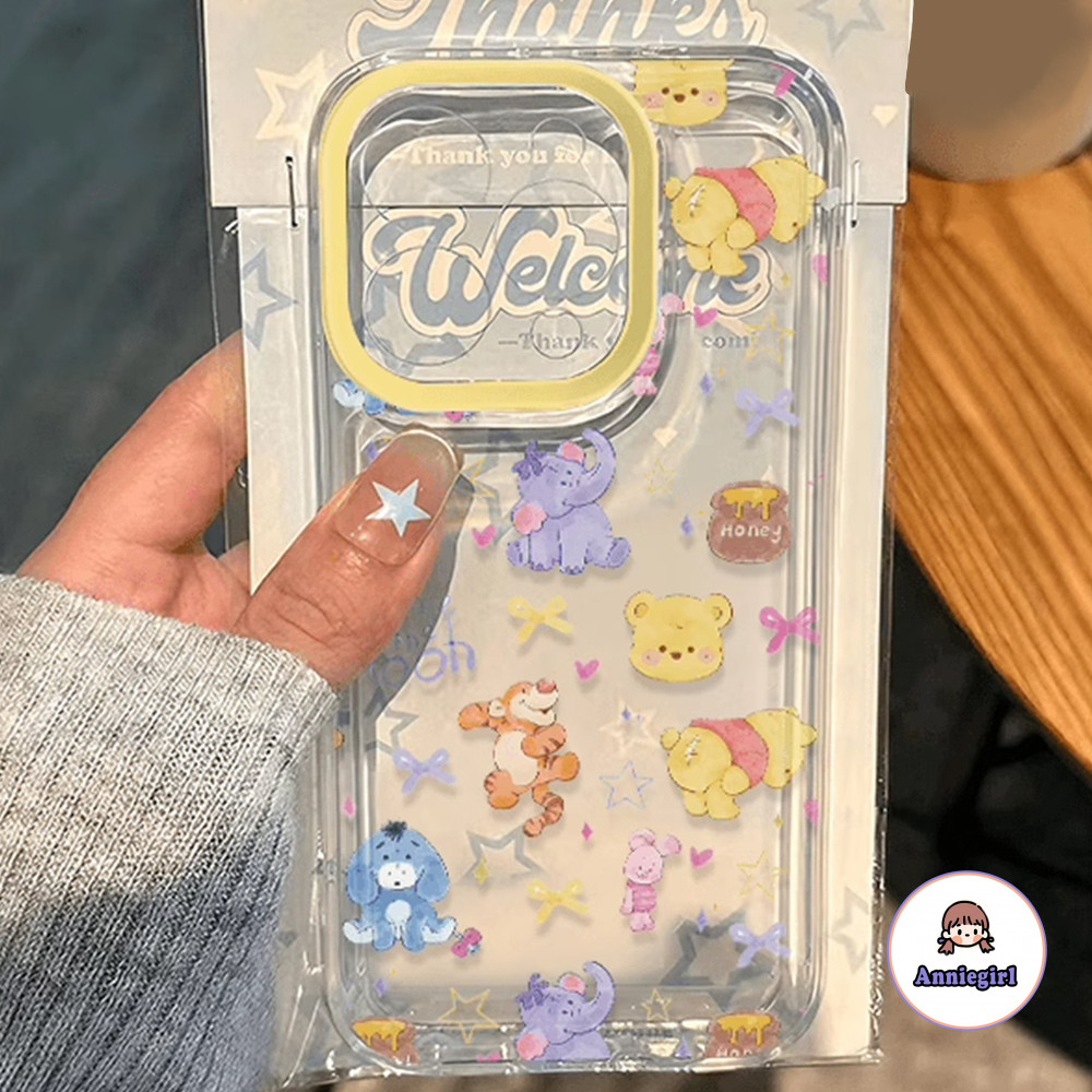 การ์ตูน Winnie Bear สัตว์โปร่งใสเคสโทรศัพท์สําหรับ IPhone 11 16 14 15 Pro Max 12 13 ProMax Plus เลนส์ป้องกัน Dirt-Resistant Soft TPU โทรศัพท์ปกหลัง