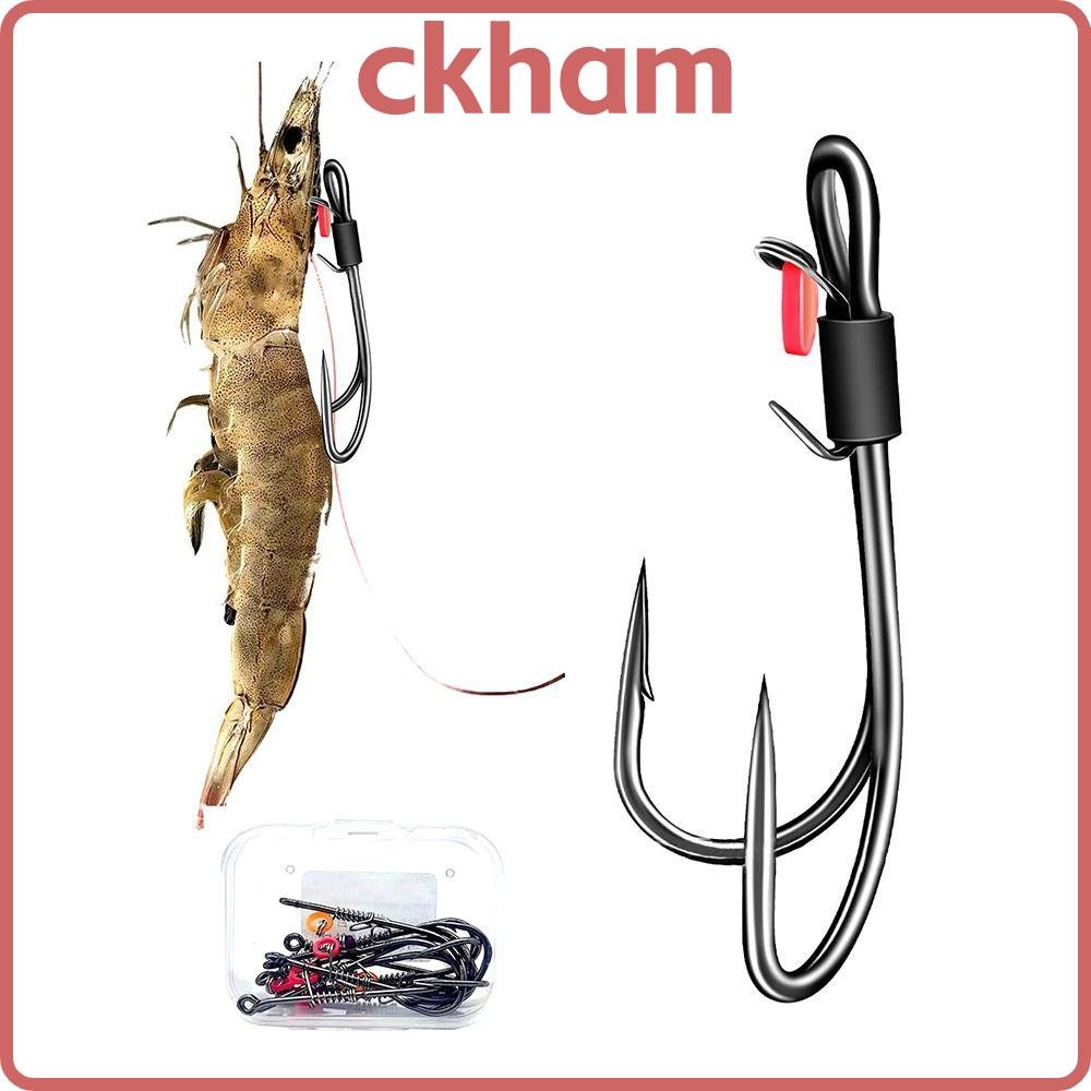 เซตตะขอตกปลาเหล็กคาร์บอนสูง CKHAM 5 อัน ตะขอสองหัวช่องกว้างสำหรับกุ้งเหยื่อ พร้อมขนาด Worm 3 แบบ เหมาะสำหรับการตกปลาน้ำเค็มและปลาบัส