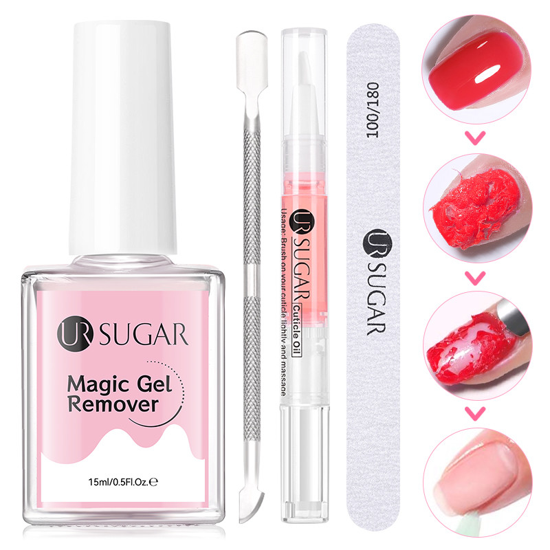 UR SUGAR 15ml Magic Gel Polish Remover ชุดแฟ้ม Pusher Cuticle น้ํามันเล็บทําความสะอาดเครื่องมือเล็บเคล็ดลับเจล Extension Build Remover เล็บ