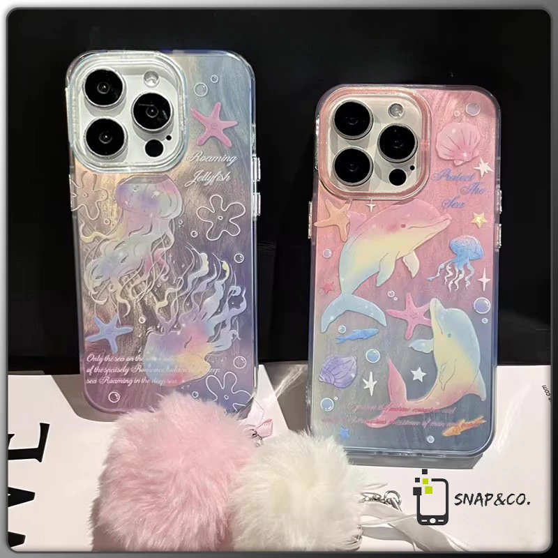 ปลาโลมาในฝันแมงกะพรุนเปลือกหอยดาวน่ารัก เคสไอโฟน 16 11 13pro สำหรับ IPhone 15 14 12 ProMax7 8 Plus X XR XSMaxสีขนมกวาด
