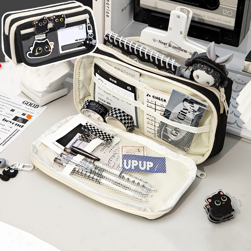 ความจุขนาดใหญ่สีดําแมวกรณีดินสอมัลติฟังก์ชั่กรณีดินสอปากกากระเป๋านักเรียนกลับกับอุปกรณ์การเรียน - รูปที่ 4