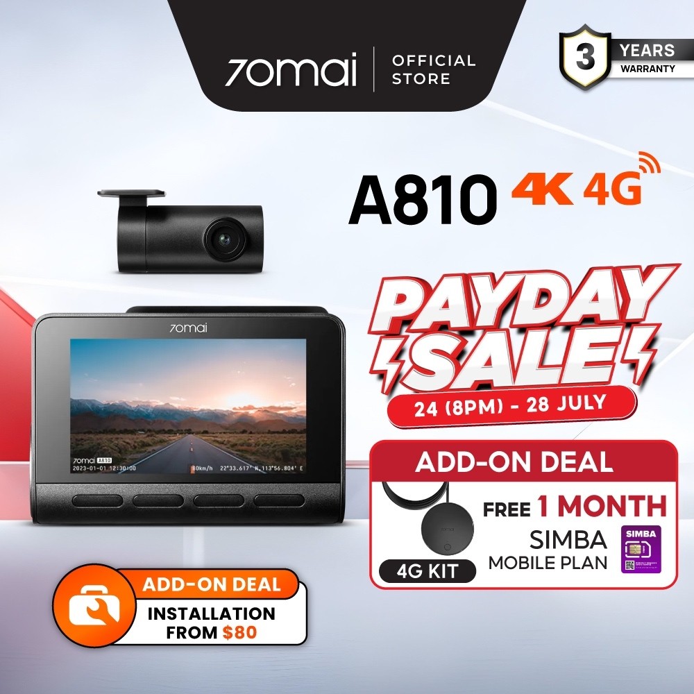 70mai A810 4K Dash Cam Dual Vision Car Recorder GPS ADAS 4G Remote Live View ด้านหน้าและด้านหลัง Das