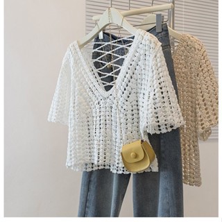 เสื้อไหมพรมโบฮีเมียนคอวีกลวงแขนสั้นเสื้อยืดผู้หญิง 2025 ขนาด…