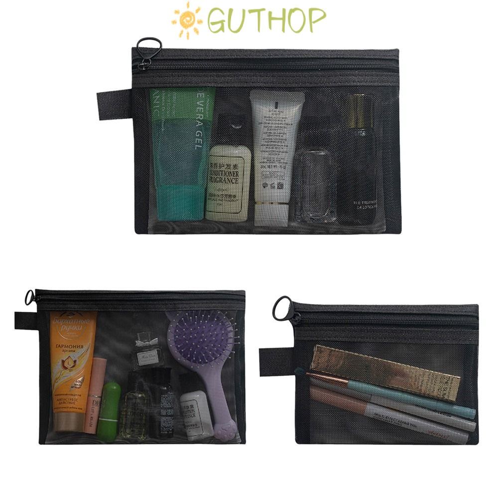 GUTHOP กระเป๋าเครื่องสําอาง, แต่งหน้าตาข่ายสีดํา, กระเป๋าแป้งโปร่งใสพร้อมกระเป๋าเก็บซิป Travel