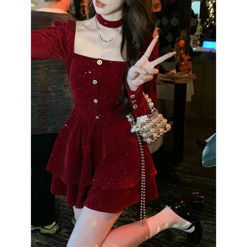 Mo Christmas Red Elegant Velvet Dress Women France Designer Vintage Mini Dress Female Korean Fashion