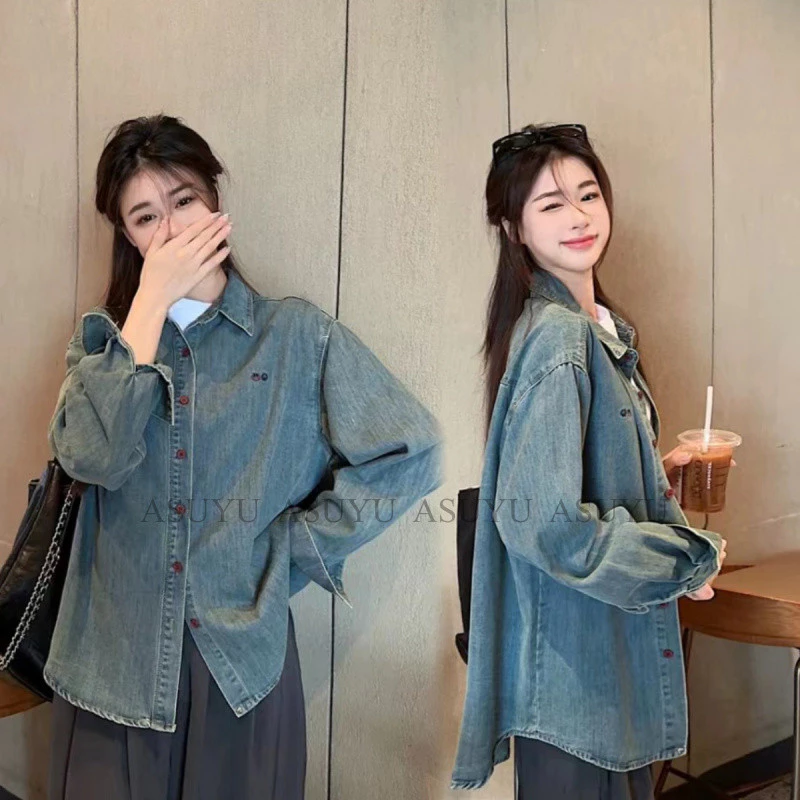 AS SUYU เสื้อเบลาส์คอวีสีพื้นสไตล์เรโทรฝรั่งเศสแบบลำลองสำหรับฤดูใบไม้ร่วงใหม่, ชุดยีนส์แขนยาวสำหรับผู้หญิง