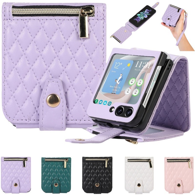 สําหรับ Samsung Galaxy Z Flip 7 FE 6 5 4 3 Luxury Case Zip กระเป๋าสตางค์หนังฝาครอบ