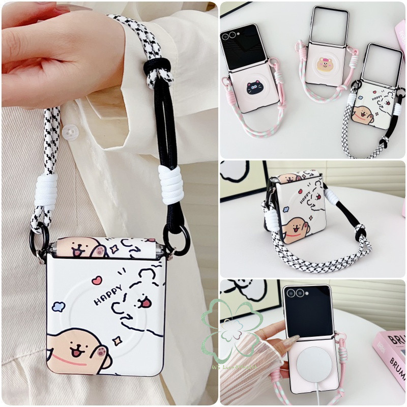 SAMSUNG ซองหนังลายการ์ตูนน่ารักแม่เหล็กสําหรับ ซัมซุง กาแลคซี Z พลิก 8 7 6 5 ปลอกพร้อมเชือกเส้นเล็กฝาหลัง