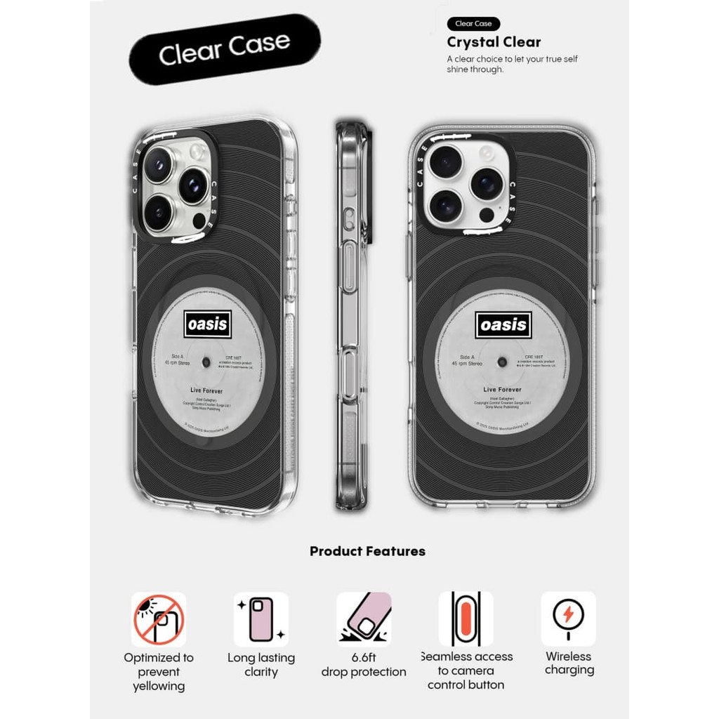 CASECASE X Oasis Record Black Case Impact Clear Magnetic Vacuum Case สําหรับ IPhone 16/15/14/13 Pro Max | หลังอะคริลิคป้องกันเกรดทหารพร้อมบรรจุภัณฑ์พรีเมี่ยม