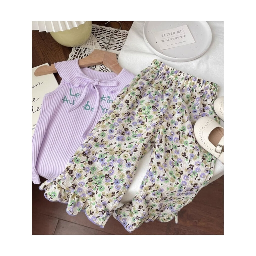 LLS-04 เซ็ทเสื่อคอปกสีม่วง + กางเกงขายาวปลายริ้วลายดอกไม้สวยหวานไม่ซ้ำใคร (ขนาด 80-140)