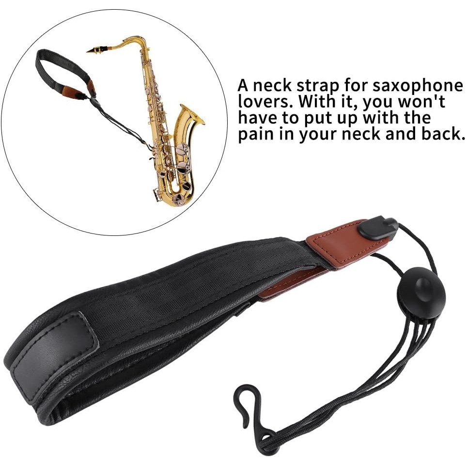 สายคล้องคอแซ็กโซโฟนหนังปรับได้สากลพอดีสําหรับแซ็กและคลาริเน็ตสีดํา 8RFL