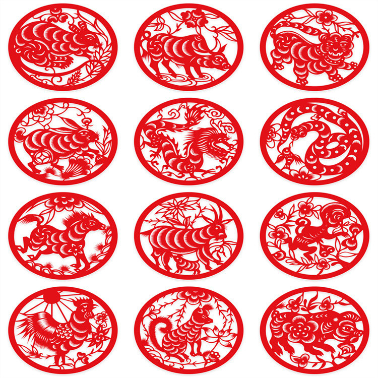 ✨จีนพื้นบ้าน 12 Zodiac Window Grilles กระดาษ-ตัดสติกเกอร์สไตล์ Zodiac การ์ตูนคู่มือ Creative Self-Ad