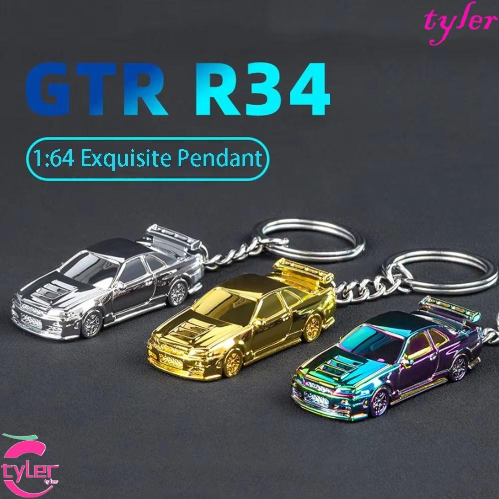 TYLER RS7 พวงกุญแจรถ, 1:64 Scale Electroplated GTR-R34 พวงกุญแจ,ประณีตจําลองสูงวัสดุโลหะผสมสเปรย์ภาพ