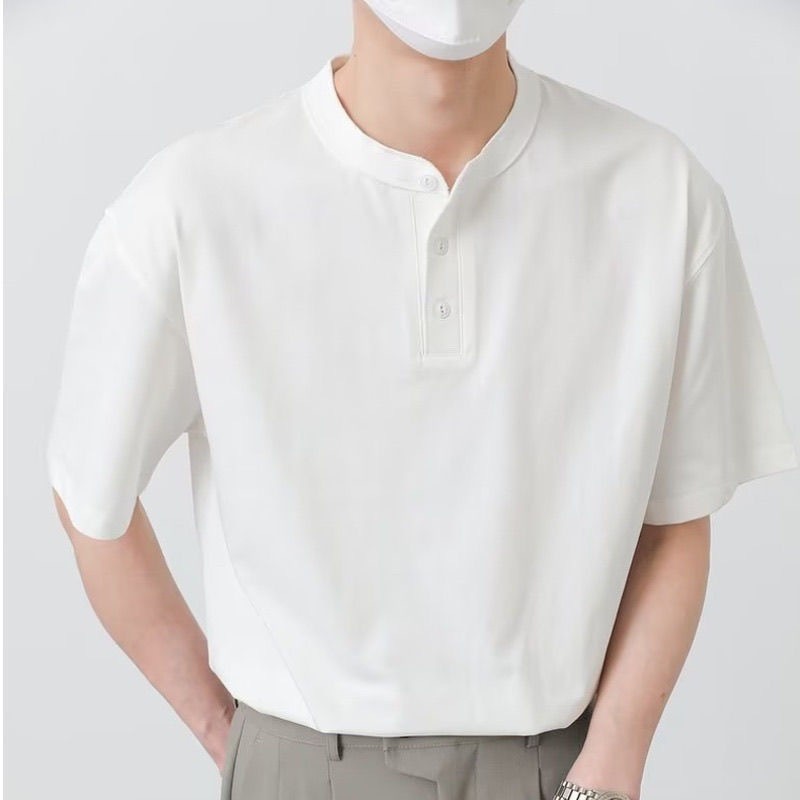 ProMan-เสื้อโปโลผู้ชายแบบบาง เสื้อยืดคอกลม สีล้วน ลำลอง สไตล์อาร์ตๆ เรียบง่าย