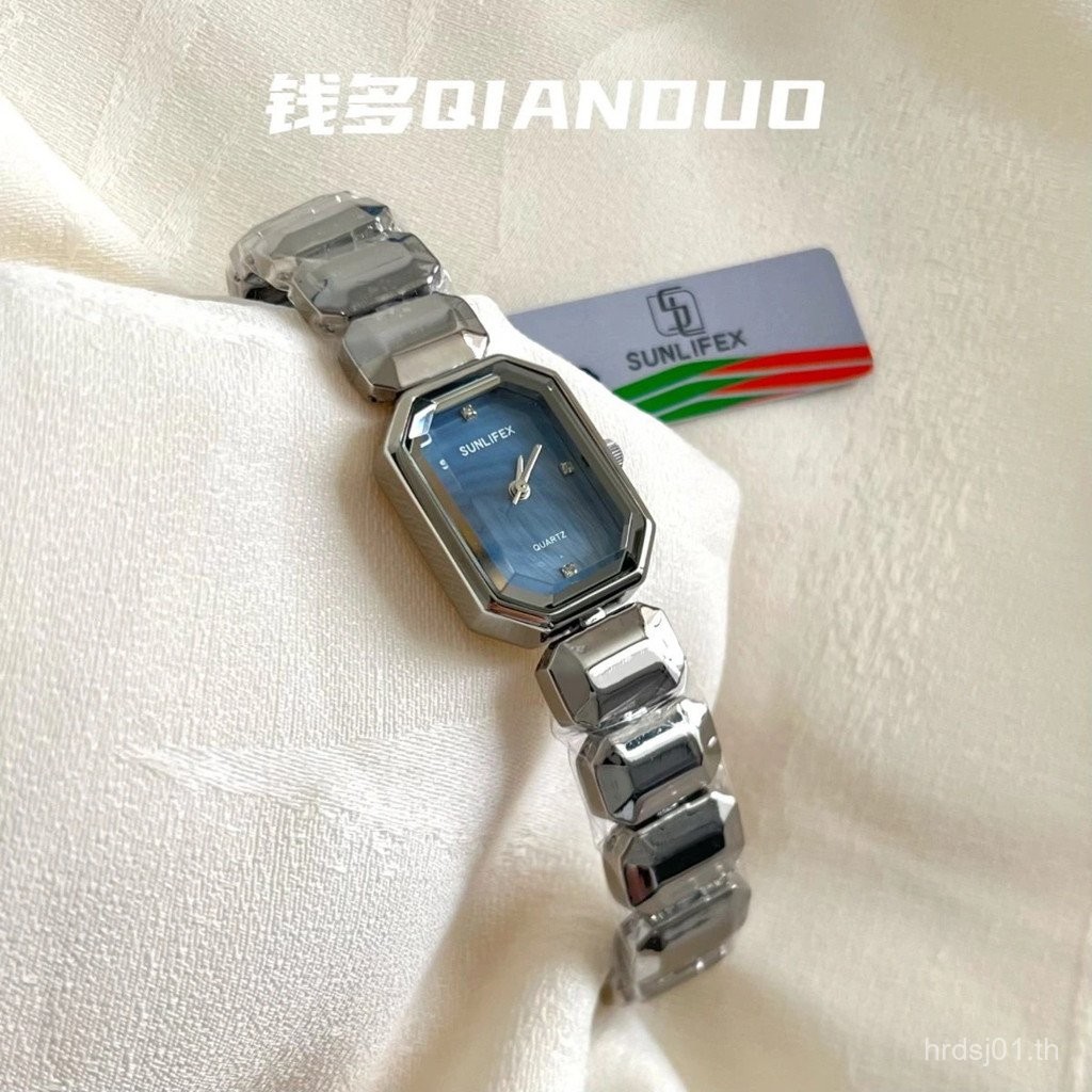 SUNLIFEX สไตล์ใหม่โรงงานขายตรง Sugar Cube นาฬิกาหญิงหรูหราสายเหล็ก Fritillary ควอตซ์พรีเมี่ยมฤดูร้อน