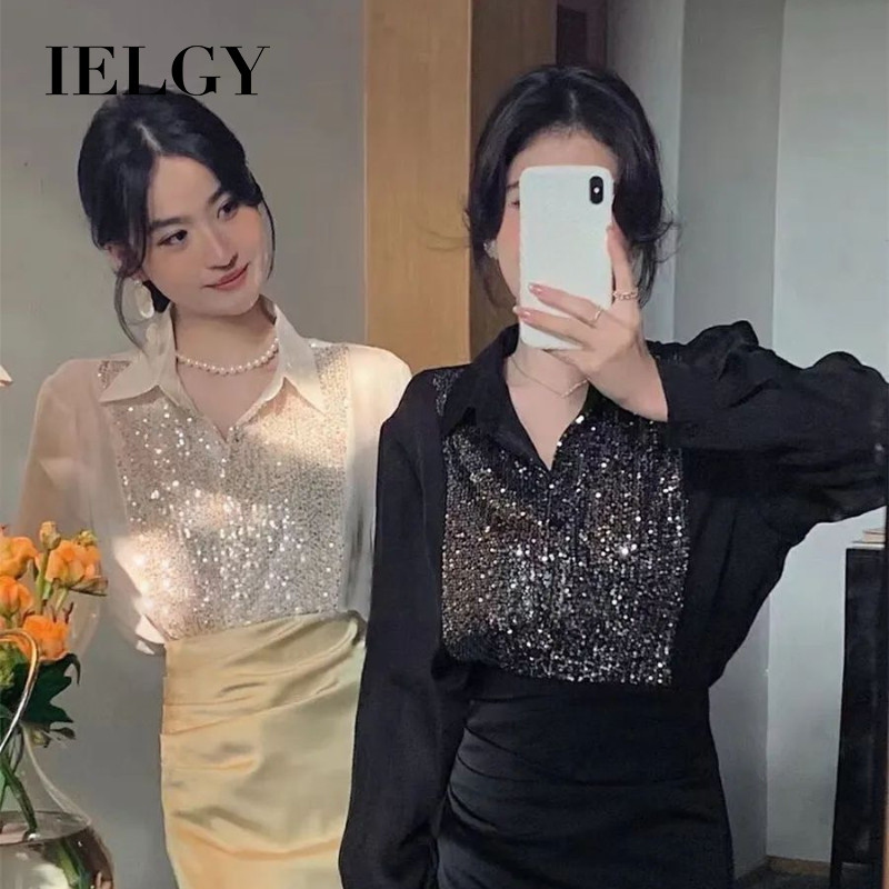 IELGY เสื้อเชิ้ตแขนยาวปักเลื่อมสําหรับผู้หญิงหรูหราเบาๆและเสื้ออเนกประสงค์ระดับไฮเอนด์