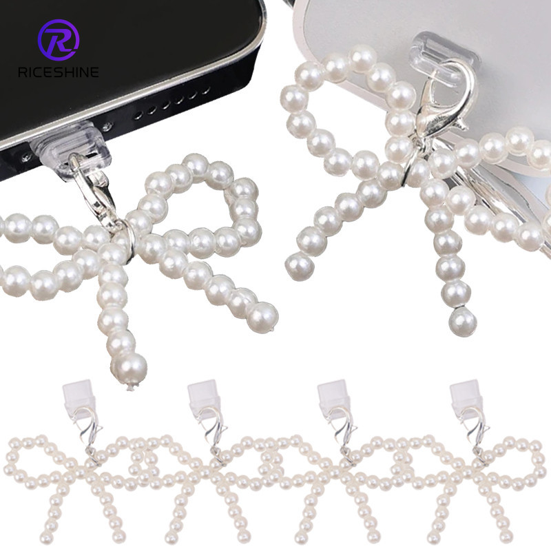สําหรับปลั๊กฝุ่น Type C/IOS - Pearl Bow โทรศัพท์ป้องกันฝุ่น Stopper Caps Charm - อุปกรณ์ป้องกันพอร์ตชาร์จ DIY ตกแต่งโทรศัพท์