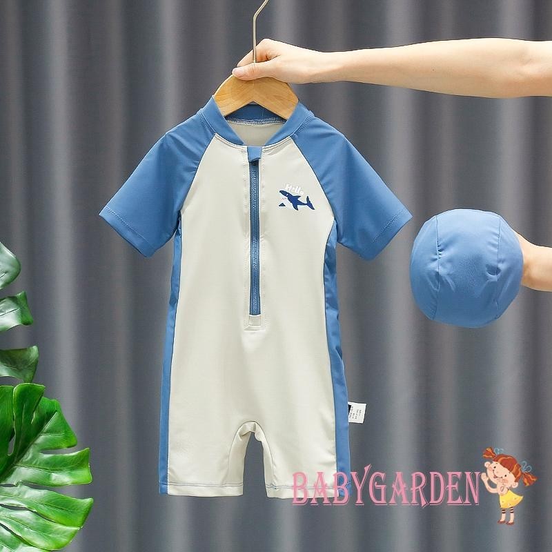 Baga-kids Boy Rash Guard ชุดว่ายน้ําหมวกว่ายน้ํา/เด็กน่ารัก Shark เย็บปักถักร้อยแขนยาว Zip Up ชุดว่ายน้ํา