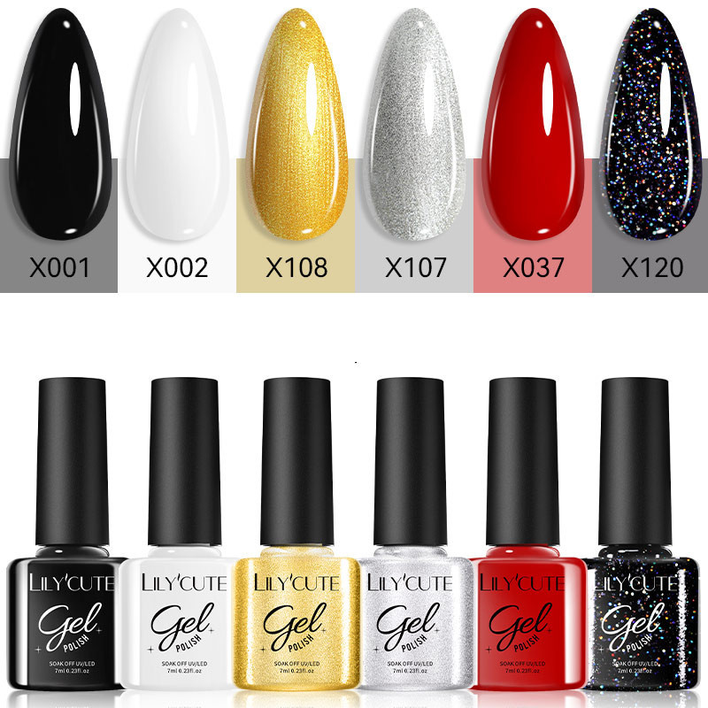 Lilycute 7ML เล็บเจลโปแลนด์ทองเงินสีแดงเล็บเล็บ Soak Off LED UV เจลเล็บวานิช