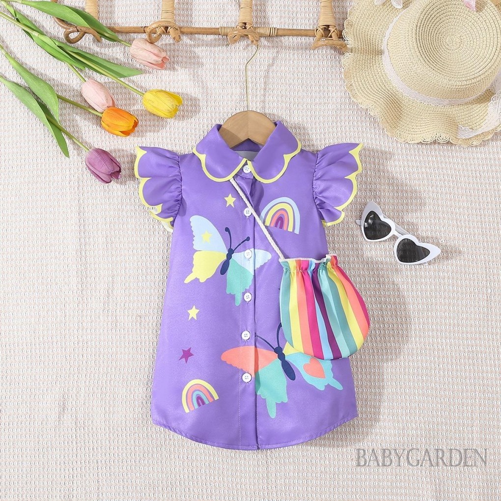Baga-6month-3years เด็กผู้หญิง Fly Sleeve Dress with Crossbody Bag/ Butterfly Rainbow Print Lapel Neck Button Down Princes Dress for Summer