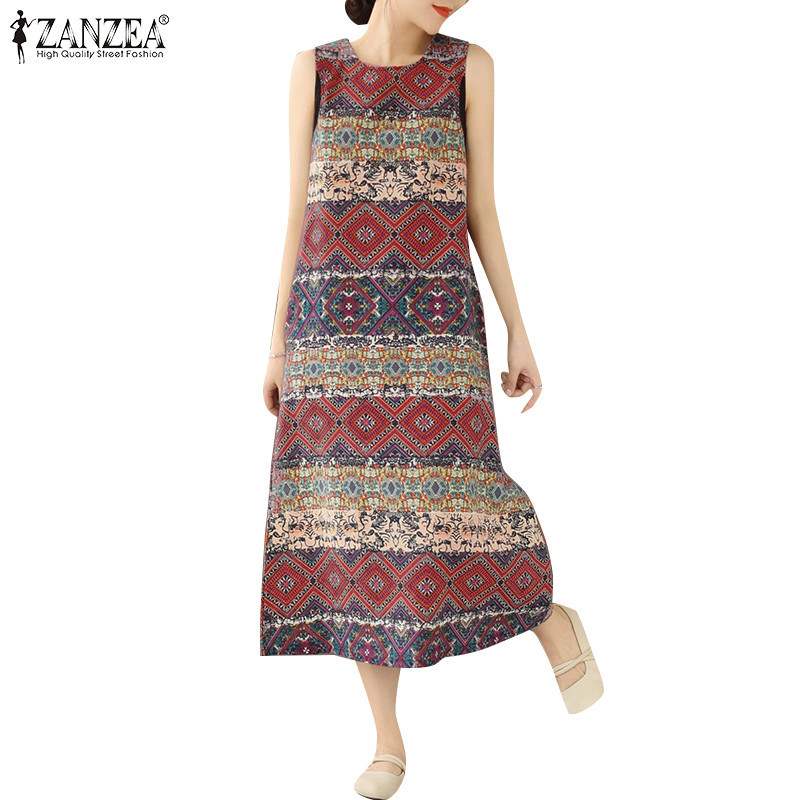 ZANZEA ซานเซีย ผู้หญิงเกาหลีลําลองกลางความยาวการพิมพ์แขนกุดชุดหลวม