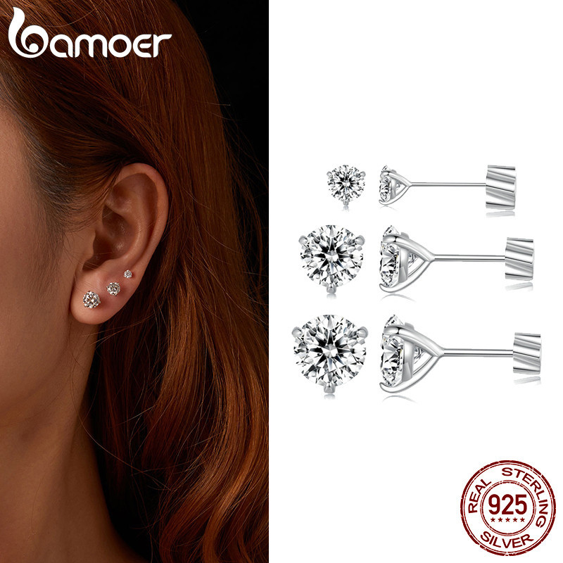 Bamoer 925 Sterling Sliver Stud ต่างหูประกาย Moissanite เครื่องประดับของขวัญสําหรับผู้หญิง MSE065