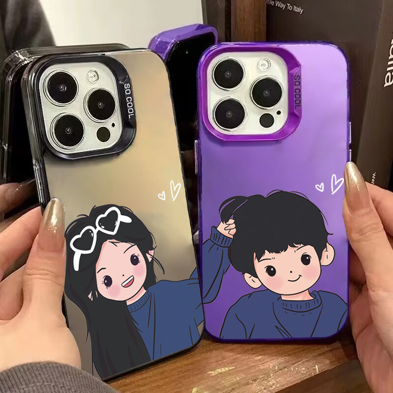 ปลอกสําหรับiPhone 16 17 11 12 13 14 15 Pro Max 16eการ์ตูนหวานคู่สนุกสําหรับiPhone 7 8 16 Plus X XR XS Max SE 2020 สีเงินเคสโทรศัพท์IMD Hard