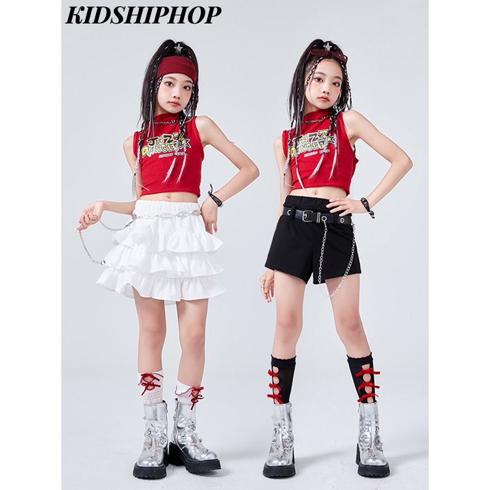 หญิง Tiered ชุดสําหรับ Jazz Dance Hiphop Dance เครื่องแต่งกายกระโปรงชั้นสําหรับประสิทธิภาพเด็กชุดเวทีสาวกลุ่ม Pop-Dance ชุดสไตล์วินเทจชุดฝึกเต้นรําบัลเล่ต์สไตล์ Pompom กระโปรงเสื้อแขนกุดวินเทจสีแดง
