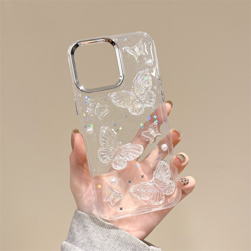 3d ฝังเต็มหน้าจอผีเสื้อ glitter เคสแข็งโปร่งใสสําหรับ iPhone 11 12 13 14 15 Pro Max Plus สําหรับ iPhone13 กรณีปลอก