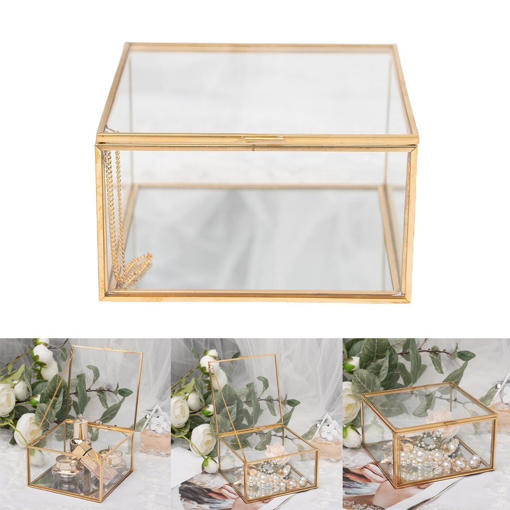 [Lszcx6l] Vintage Brass & Clear Glass ตกแต่งตกแต่ง,เครื่องประดับขนาดเล็กกล่อง Organizer พร้อมฝาปิดสลัก 5x5x3″