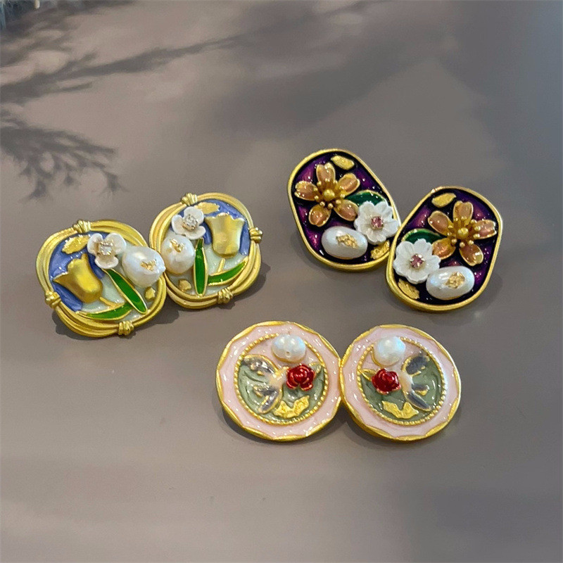 Monet Garden ภาพวาดสีน้ํามันบาร์ดอกไม้ไข่มุกน้ําจืดการออกแบบเดิมใหม่จีน High-End ต่างหูหวาน