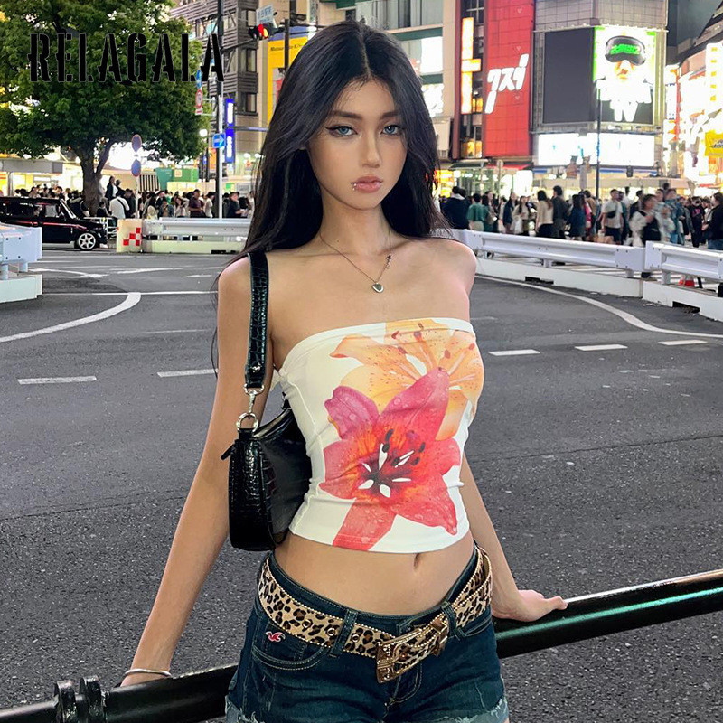 RelaGala ผู้หญิงแฟชั่นใหม่ Casual Simple ดอกไม้พิมพ์ปิดไหล่ Slim Tube Top — صورة 3