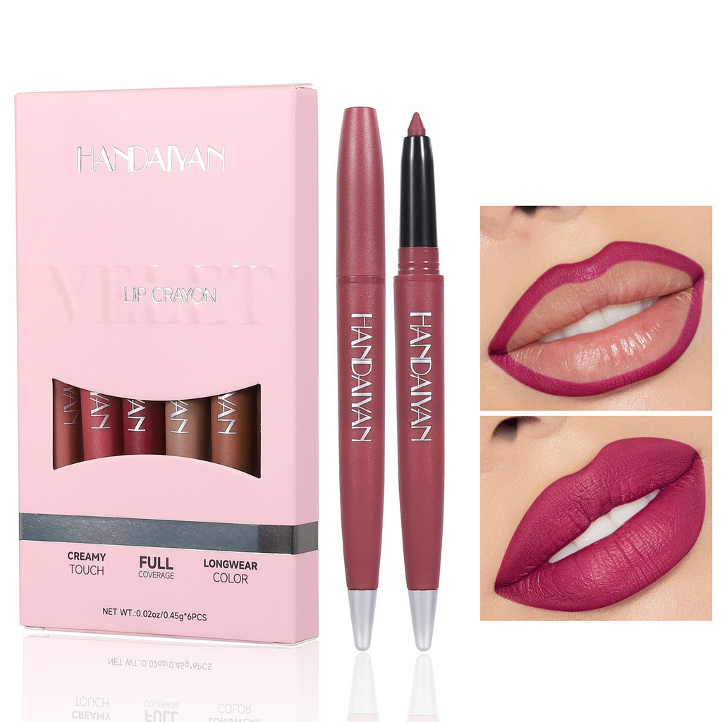 ดินสอเขียนขอบปาก Six-Color Lip Liner Pencil แบบพกพา Non-Sticky Lip Liner Set Long-Lasting Matte Lip Liner ดินสอ