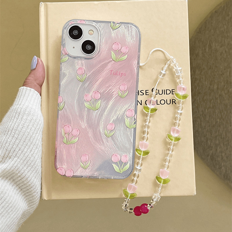 เคสซัมซุง for Samsung Galaxy S25 S24 Plus S23 S22 Ultra S21 S20 FE A51 A71 A32 M32 A21S A31 5G A50 A50S A30S A20 A30 A05S A05 A11 M11 A03S A03 A04 A04E 4G Tiny Pink Tulips Polka Dots Pretty Floral Bracelet Chain Flower Lanyard Phone Case YS 29 - รูปที่ 3
