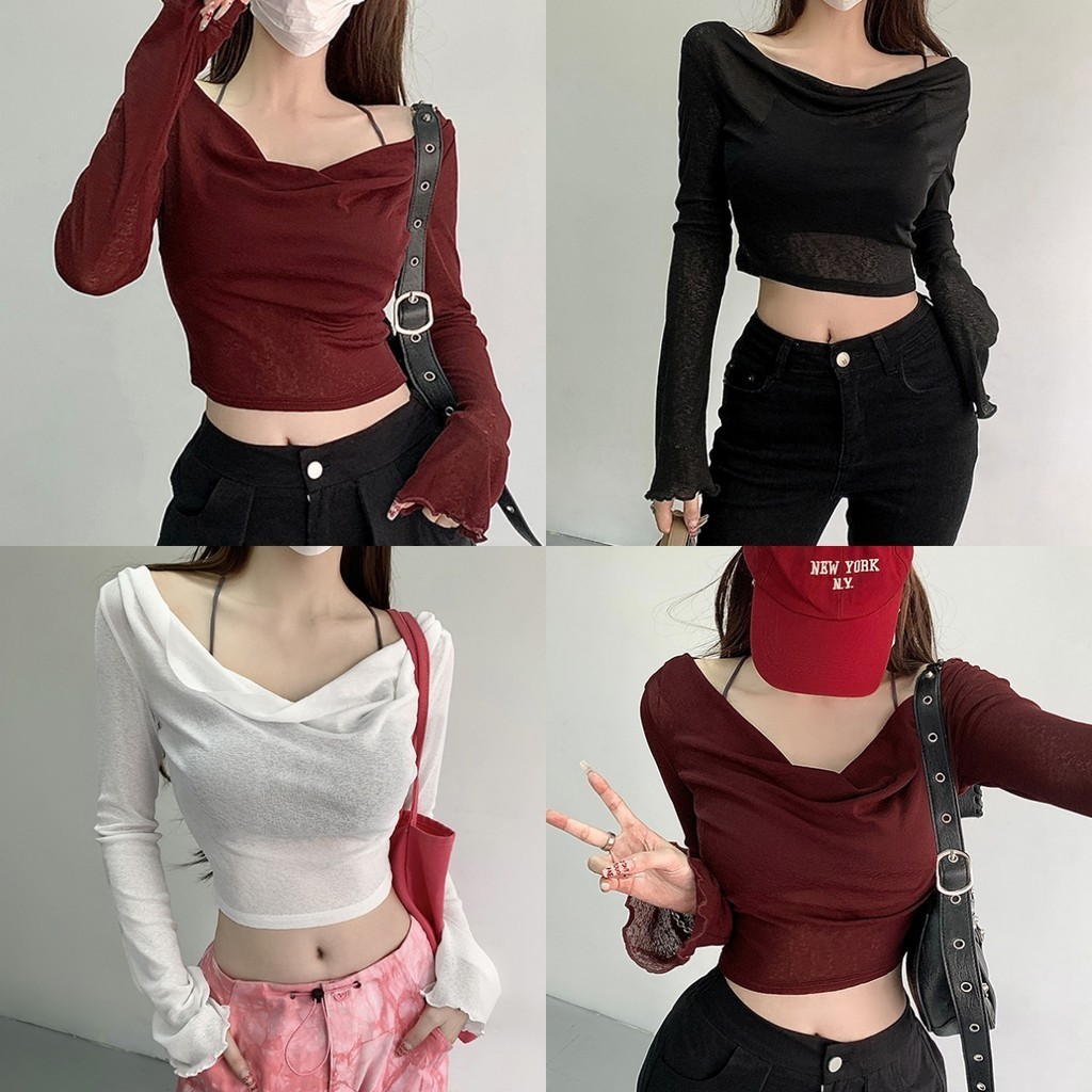 Evelyn เสื้อคลุมกันแดด ครอปแขนยาว สีพื้น ผ้าไหมเย็น y2k เสื้อกัน UV บาง แฟชั่นฤดูร้อน ชุดไปทะเล ใส่สบาย#V078
