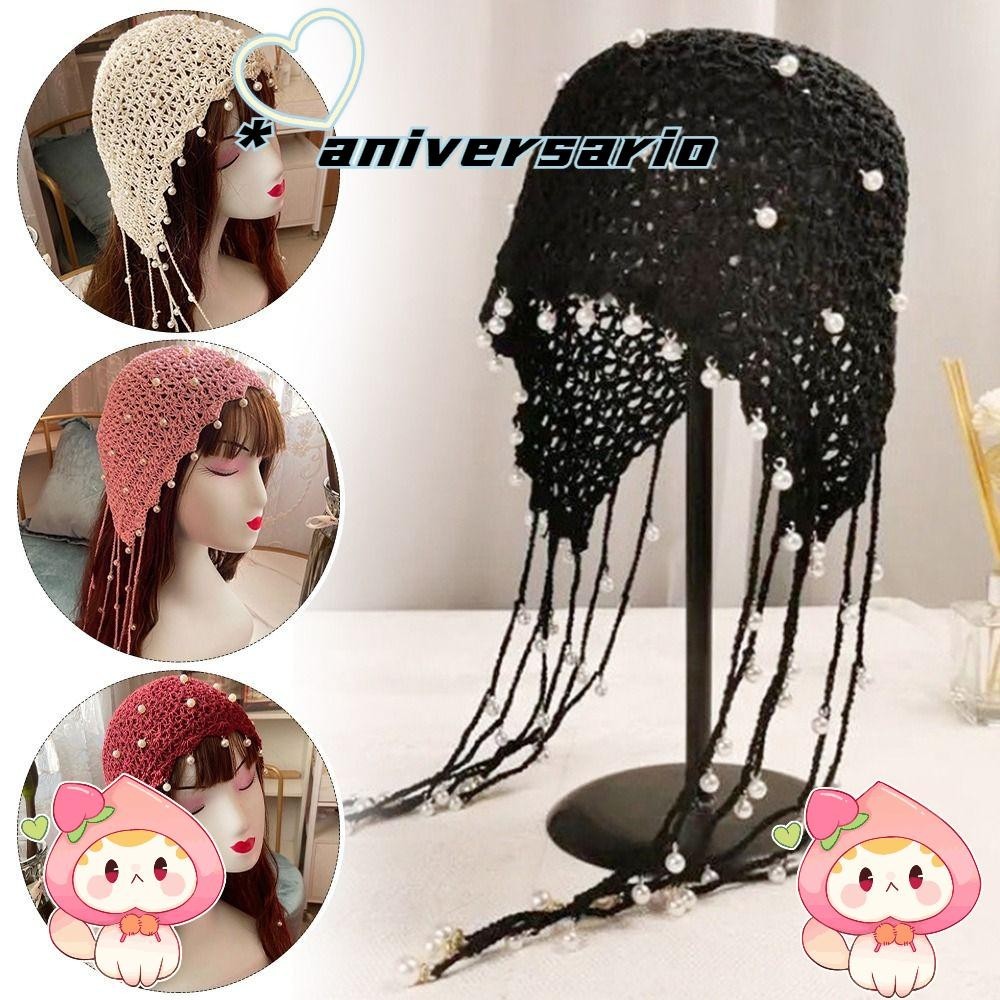 Aniversario โครเชต์หมวก, Handmade Pearl Bun หมวก,หวานชาติพันธุ์ Breathable Retro Headscarf หมวกท่องเที่ยว