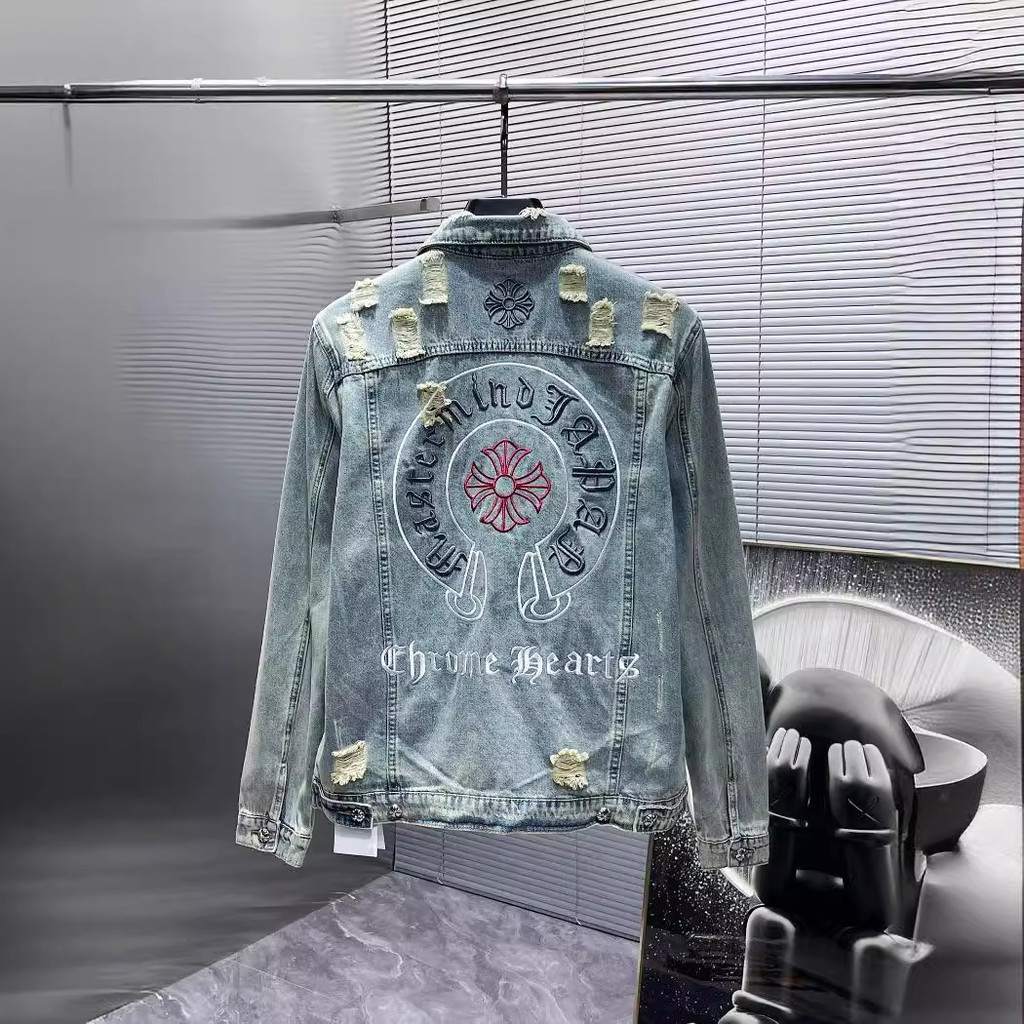 Bubfq Chrome Hearts ใหม่ปักโลโก้รูย้อนยุคผู้ชายคาร์ดิแกนเสื้อแจ็คเก็ตยีนส์