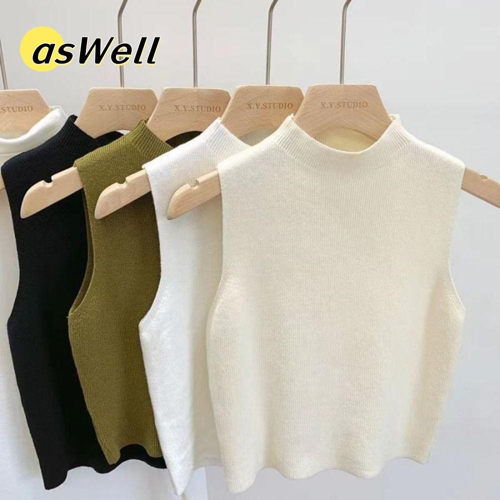 Aswell เสื้อกล้าม, เสื้อกั๊กถักครึ่งคอเต่ากระชับสัดส่วน, เสื้อยืดแขนกุดสีทึบหรูหราผู้หญิง
