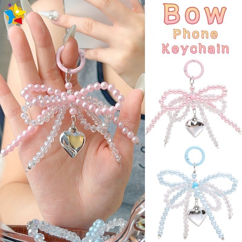 Sweet Cool Y2K สไตล์คริสตัลเลียนแบบ Pearl Bow ลูกปัดโทรศัพท์มือถือน่ารัก Love Heart จี้พวงกุญแจกระเป๋าเป้สะพายหลัง Charms Decor