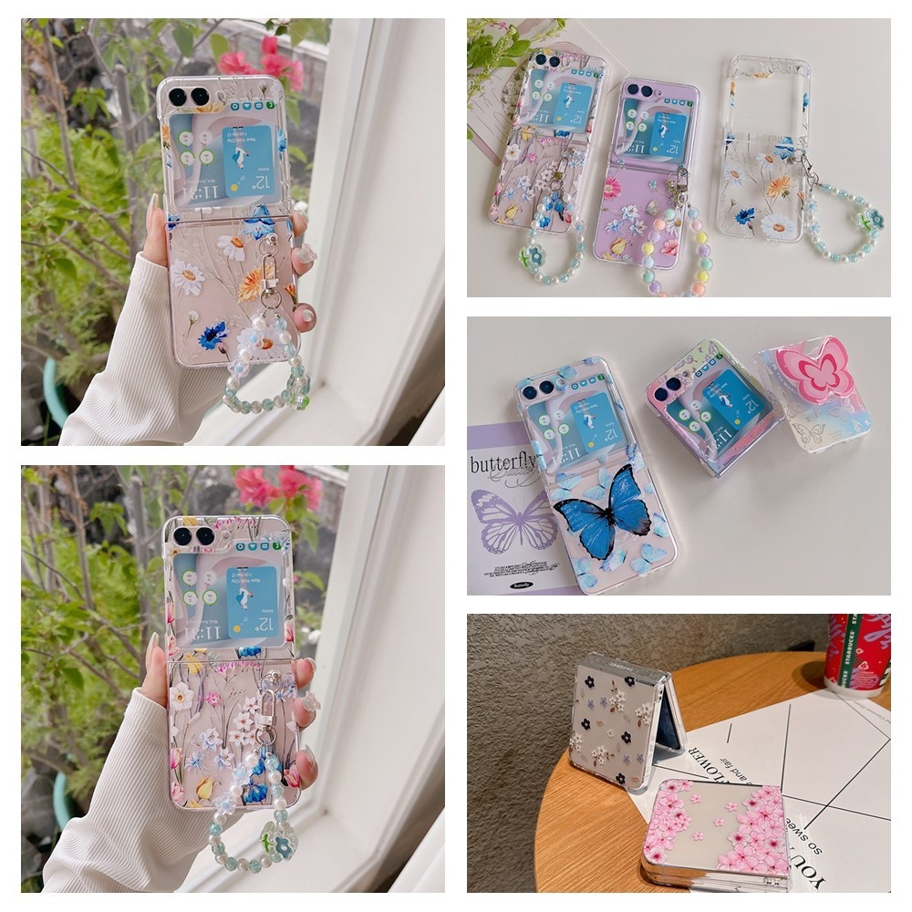 ดอกไม้สีชมพูปลอกสําหรับ Samsung Galaxy Z Flip 6 5 4 3 การออกแบบแฟชั่น Hard PC โปร่งใส Zflip3 Flip4 Flip5 Flip6 พร้อมวงเล็บเคสโทรศัพท์