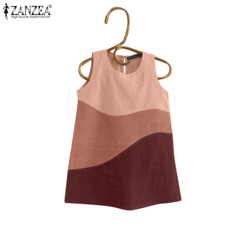 ZANZEA ซานเซีย ผู้หญิงลําลองรอบคอสีปิดกั้นแขนกุดหลวมถัง
