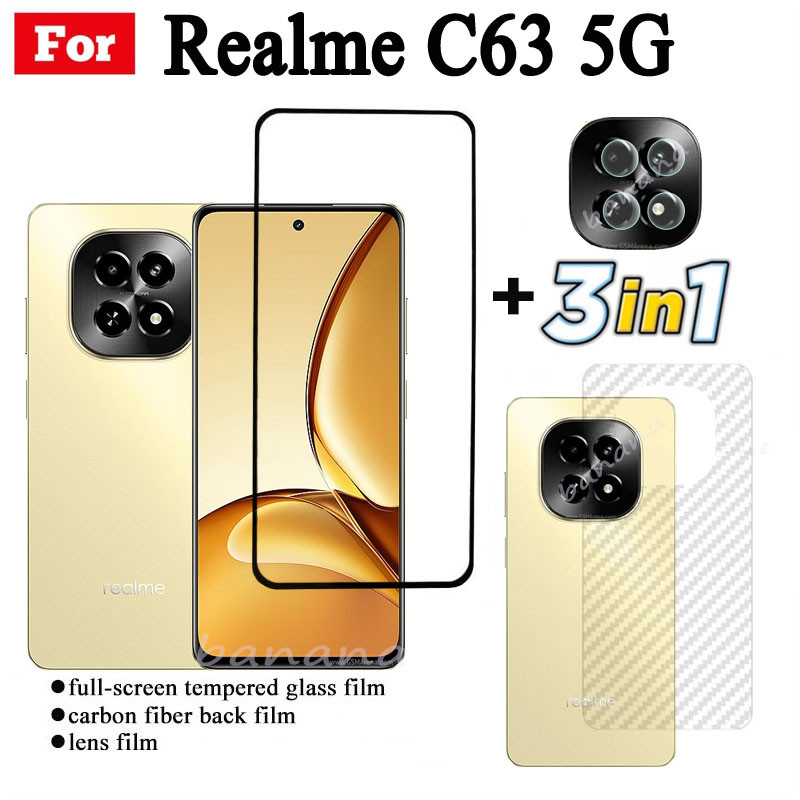 3 IN 1 Realme C63 5G ฟิล์มกระจกนิรภัยสําหรับ Realme C61 C60 คลุมทั้งหมดป้องกันหน้าจอกระจก + ฟิล์มเลนส์กล้อง + ฟิล์มด้านหลัง