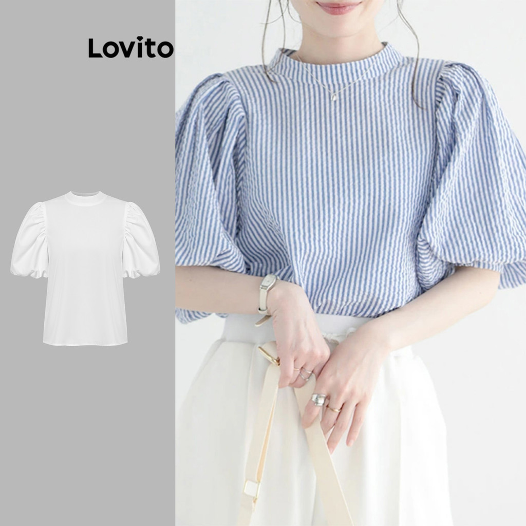 Lovito เสื้อเบลาส์ผู้หญิง แขนพัฟ ผูกด้านหลัง ลายทาง สไตล์ลำลอง LNE24125 (หลากสี)
