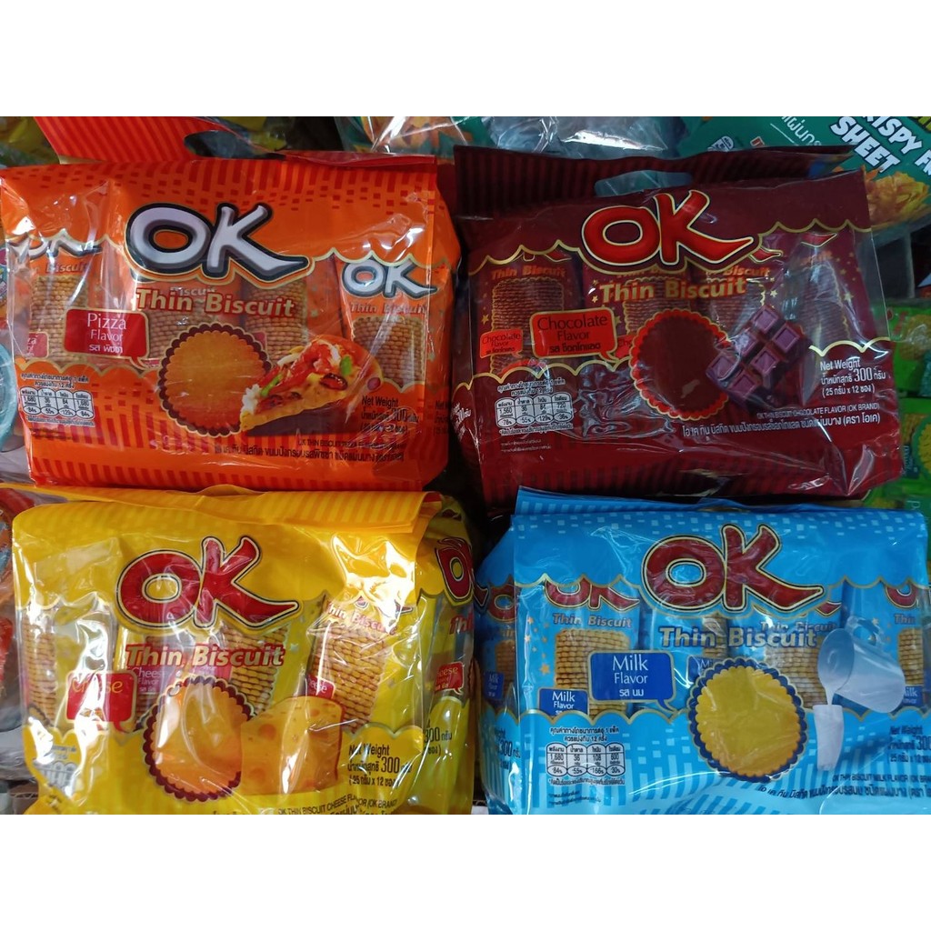 โอเค ทินบิสกิต ขนมปัง แผ่นบางกรอบ 25g. x 12ซอง (มีให้เลือกรส)