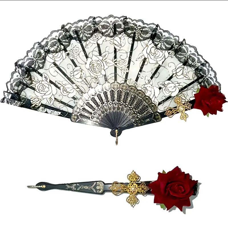 Lolita Gothic พัดลม Victorian หญิงลูกไม้พัดลม Vintage สีดําสีขาวสีแดง Rose ไม้ไผ่แฟนคอสเพลย์ Halloween Party Supplies