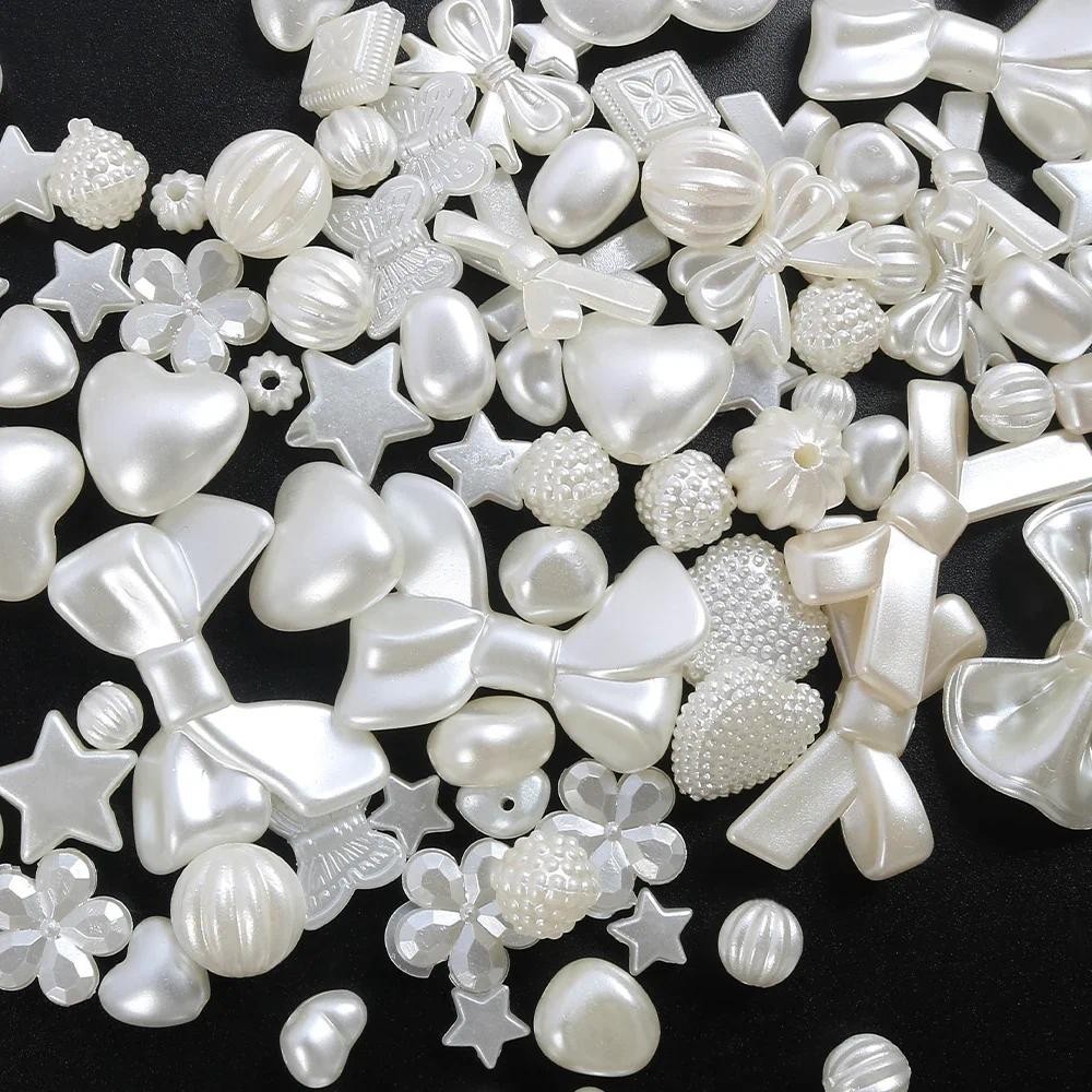 20g ผสมสไตล์สีขาวบริสุทธิ์เลียนแบบมุกดอกไม้ Bowknot Heart Shell ลูกปัดพลาสติกสําหรับงานเข็มและเครื่องประดับทํา