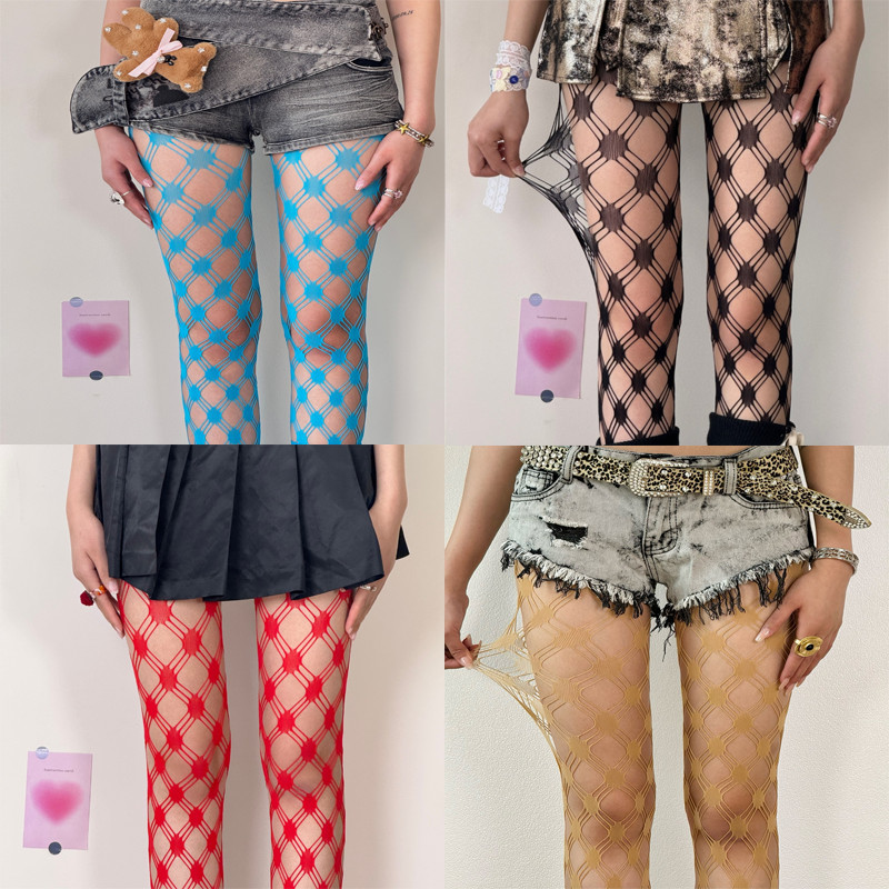เพชรประเภทตาข่าย Fishnet ถุงน่อง Pantyhose สําหรับ Punk Grid Jumpsuit พร้อมกระชับ Y2K ถุงเท้าตาข่ายตกปลา